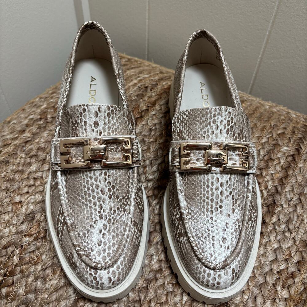 ALDO Danrose Snake Print Platform Loafers Gold Chain Link Chunky Heel size 6.5